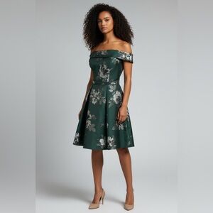 Eliza J Off the Shoulder Emerald Green Brocade Floral Belted Dress Sz 10